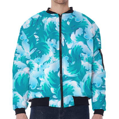 Blue Surfing Wave Pattern Print Zip Sleeve Bomber Jacket