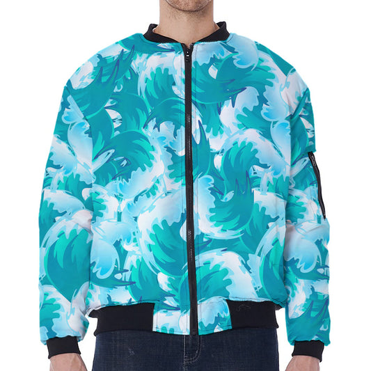 Blue Surfing Wave Pattern Print Zip Sleeve Bomber Jacket