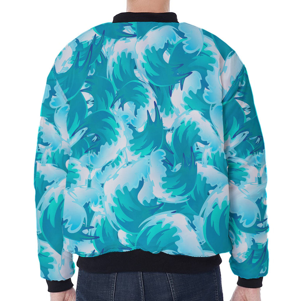 Blue Surfing Wave Pattern Print Zip Sleeve Bomber Jacket
