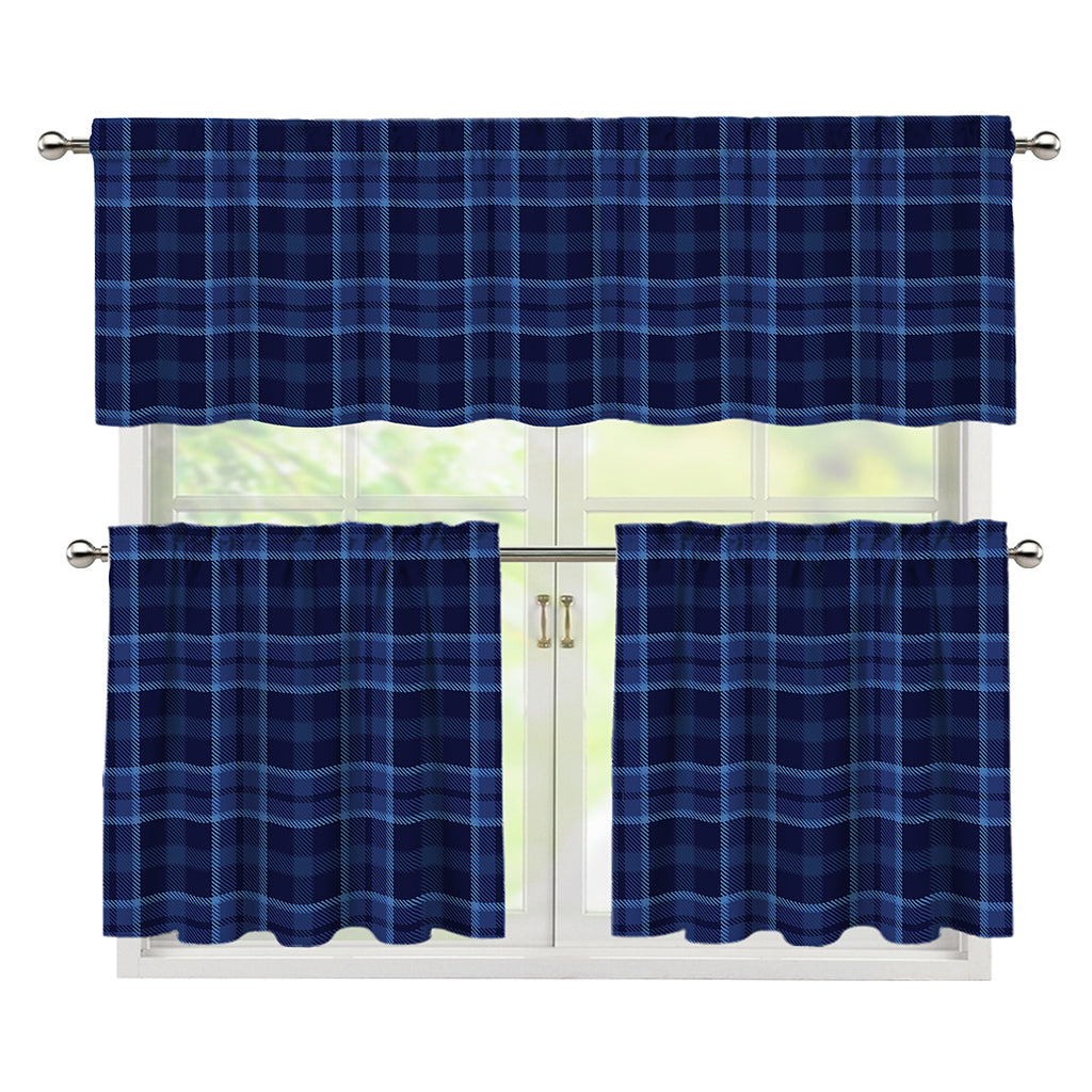 Blue Tartan Pattern Print 3 Piece Kitchen Curtains