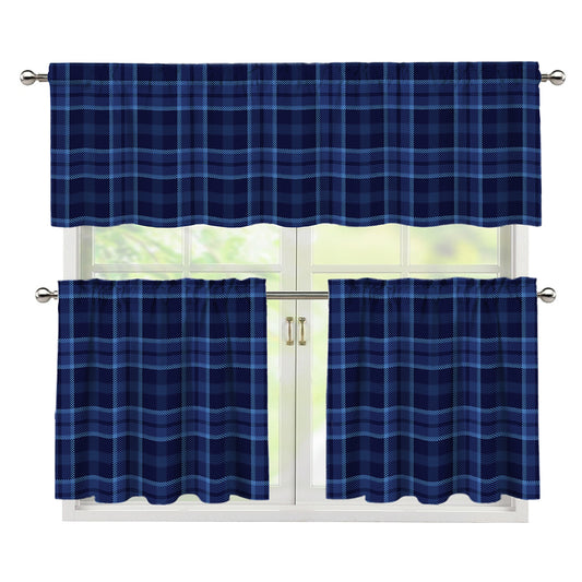 Blue Tartan Pattern Print 3 Piece Kitchen Curtains