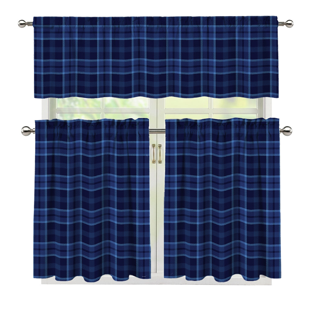 Blue Tartan Pattern Print 3 Piece Kitchen Curtains