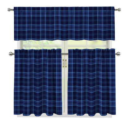 Blue Tartan Pattern Print 3 Piece Kitchen Curtains