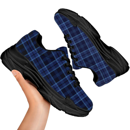 Blue Tartan Pattern Print Black Chunky Shoes