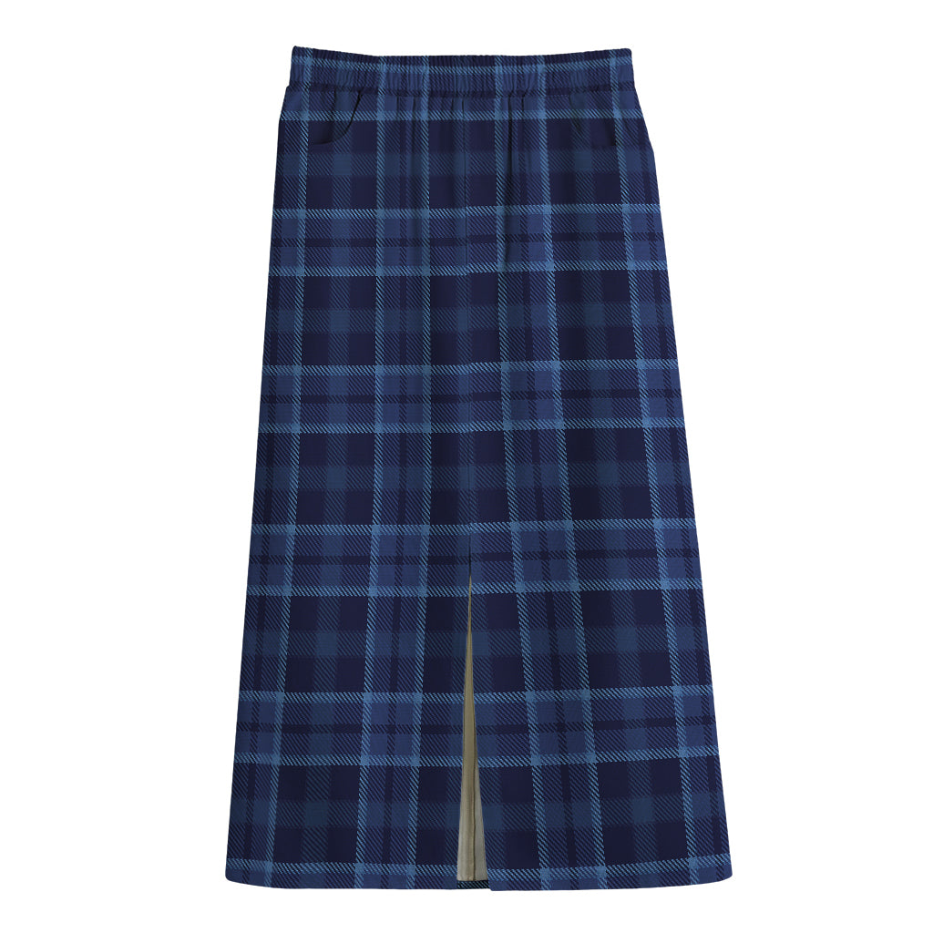 Blue Tartan Pattern Print Cotton Front Slit Maxi Skirt