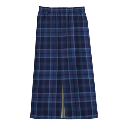 Blue Tartan Pattern Print Cotton Front Slit Maxi Skirt
