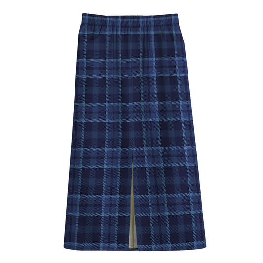 Blue Tartan Pattern Print Cotton Front Slit Maxi Skirt