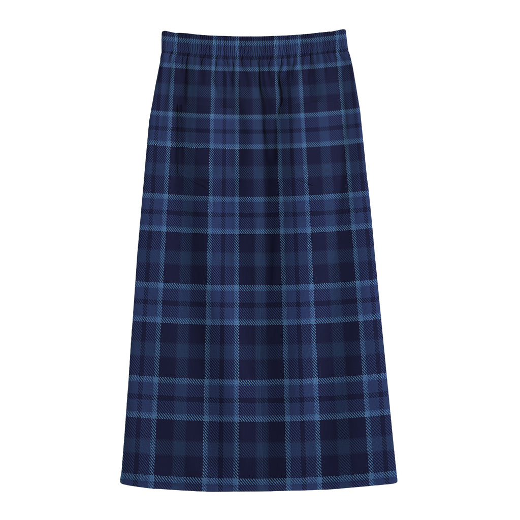Blue Tartan Pattern Print Cotton Front Slit Maxi Skirt