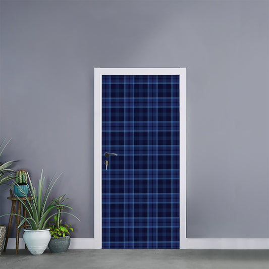 Blue Tartan Pattern Print Door Sticker