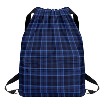 Blue Tartan Pattern Print Drawstring Backpack