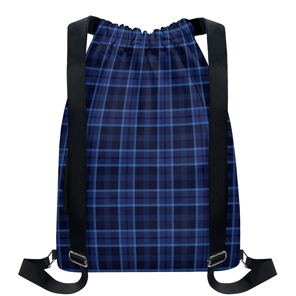 Blue Tartan Pattern Print Drawstring Backpack