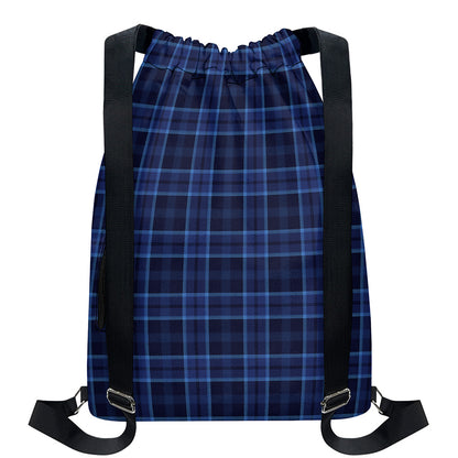 Blue Tartan Pattern Print Drawstring Backpack