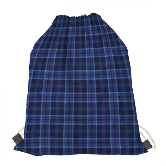 Blue Tartan Pattern Print Drawstring Bag