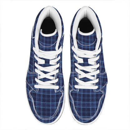 Blue Tartan Pattern Print High Top Leather Sneakers