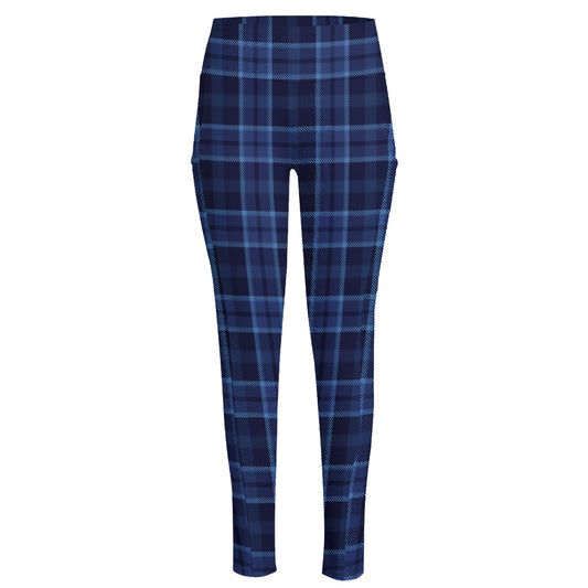 Blue Tartan Pattern Print High-Waisted Pocket Leggings