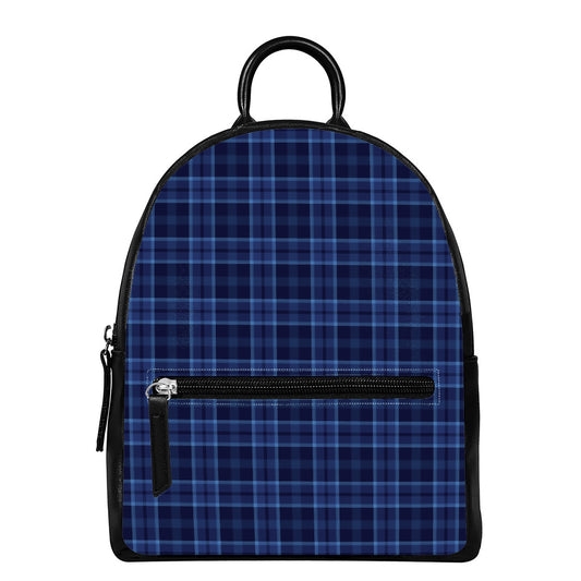 Blue Tartan Pattern Print Leather Backpack