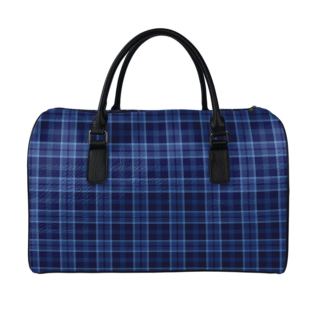 Blue Tartan Pattern Print Leather Duffle Bag