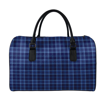 Blue Tartan Pattern Print Leather Duffle Bag