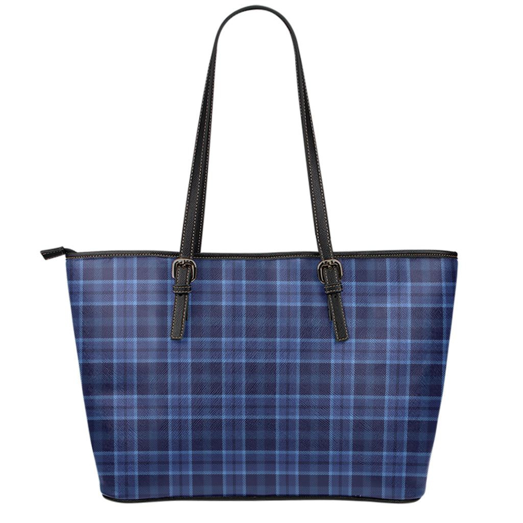 Blue Tartan Pattern Print Leather Tote Bag