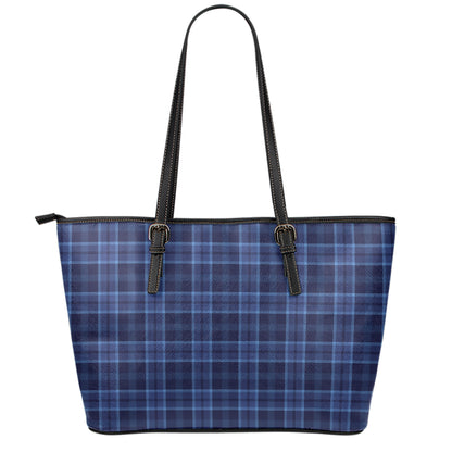 Blue Tartan Pattern Print Leather Tote Bag