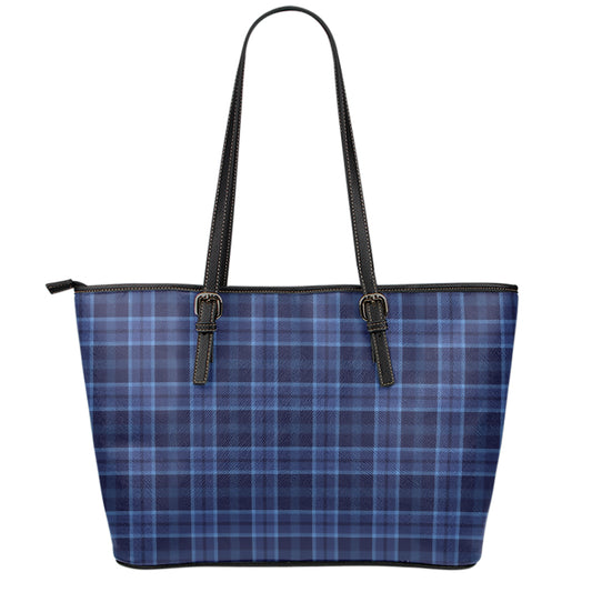 Blue Tartan Pattern Print Leather Tote Bag