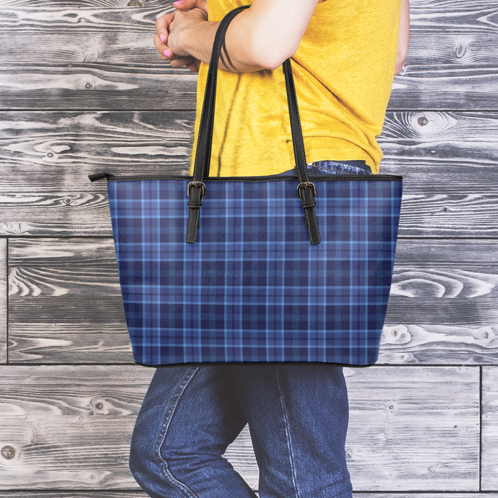 Blue Tartan Pattern Print Leather Tote Bag
