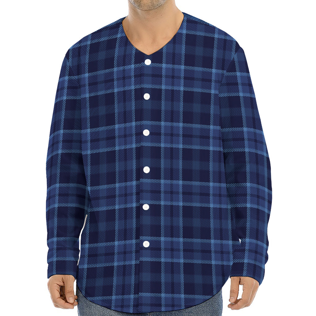 Blue Tartan Pattern Print Long Sleeve Baseball Jersey