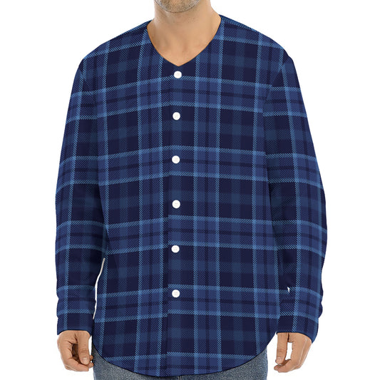 Blue Tartan Pattern Print Long Sleeve Baseball Jersey