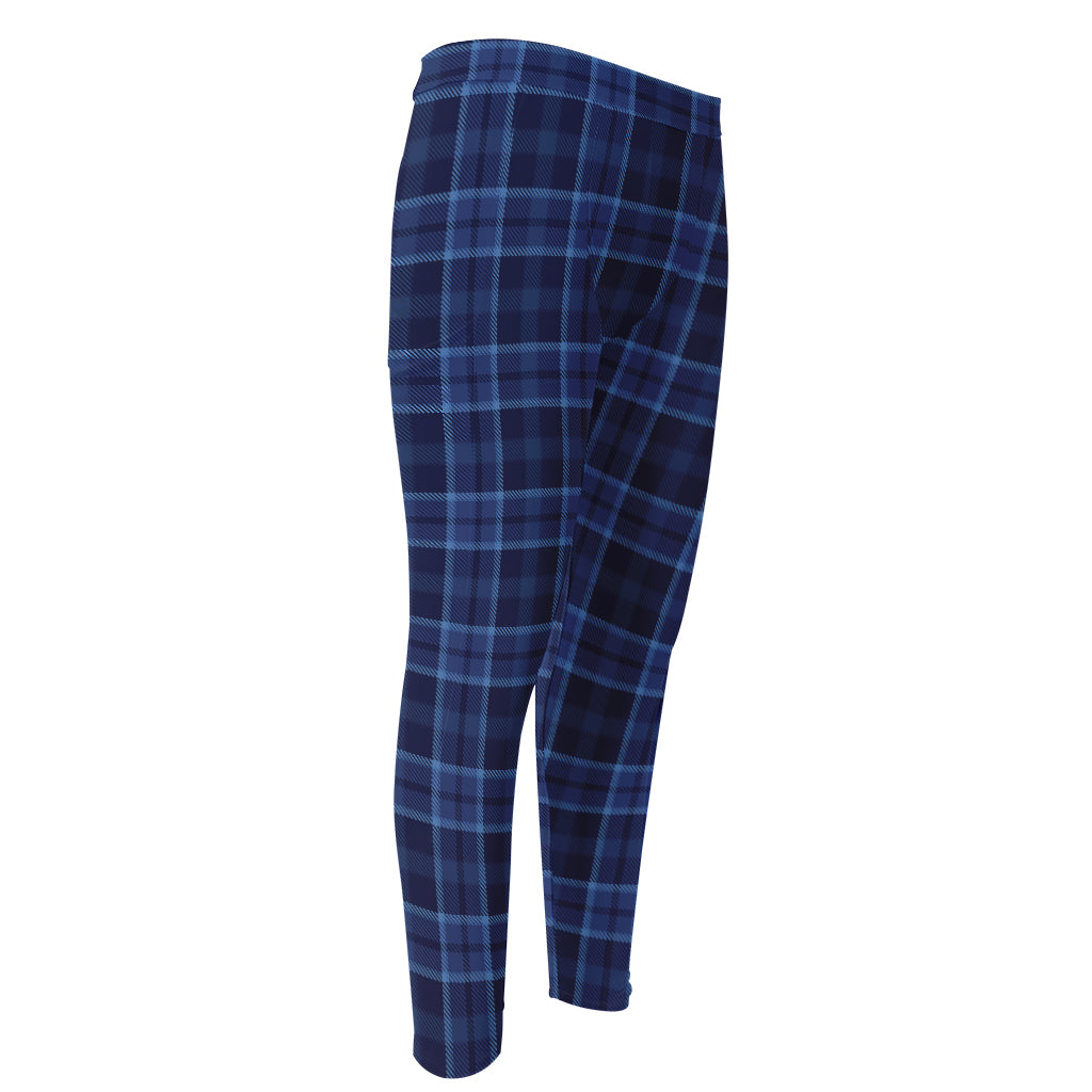 Blue Tartan Pattern Print Men's Compression Pants