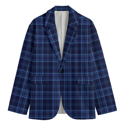 Blue Tartan Pattern Print Men's Cotton Blazer