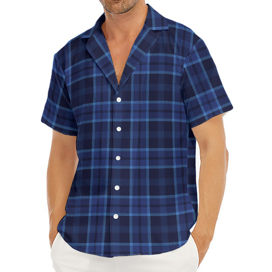 Blue Tartan Pattern Print Men's Deep V-Neck Shirt