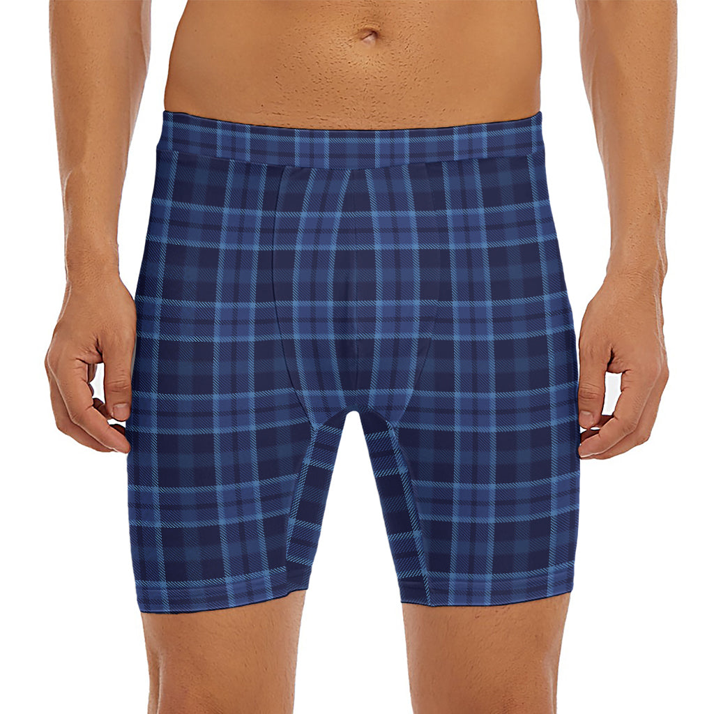 Blue Tartan Pattern Print Men's Long Boxer Briefs