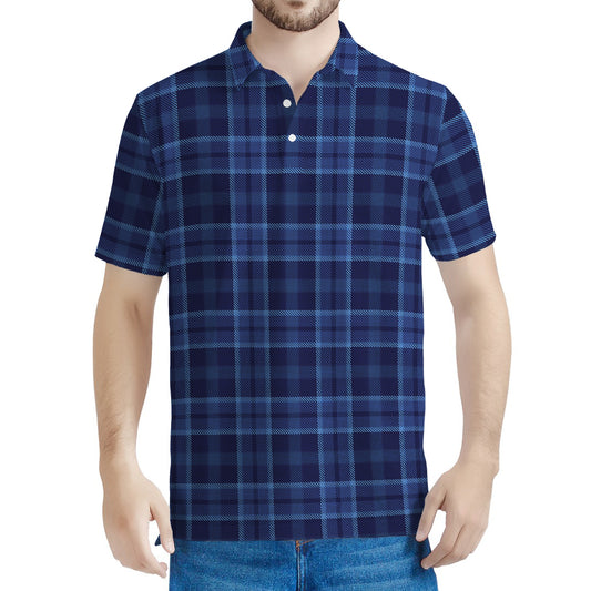 Blue Tartan Pattern Print Men's Polo Shirt