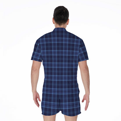 Blue Tartan Pattern Print Men's Rompers