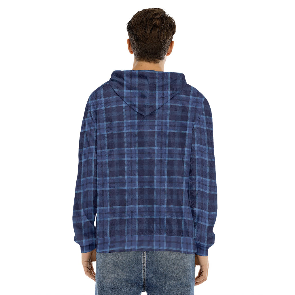 Blue Tartan Pattern Print Men's Velvet Pullover Hoodie