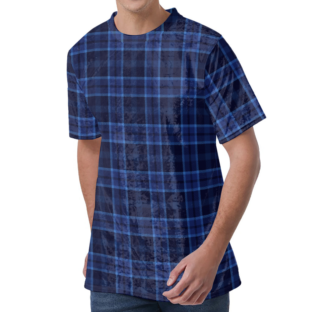 Blue Tartan Pattern Print Men's Velvet T-Shirt