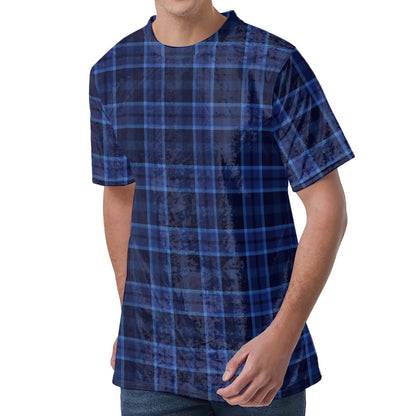 Blue Tartan Pattern Print Men's Velvet T-Shirt
