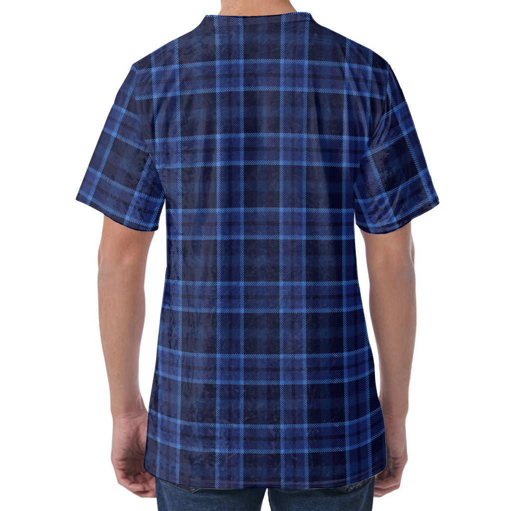 Blue Tartan Pattern Print Men's Velvet T-Shirt