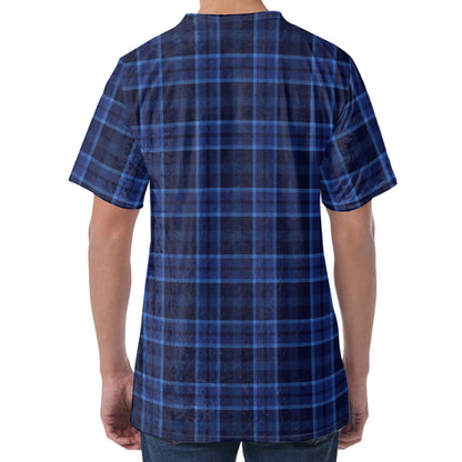 Blue Tartan Pattern Print Men's Velvet T-Shirt