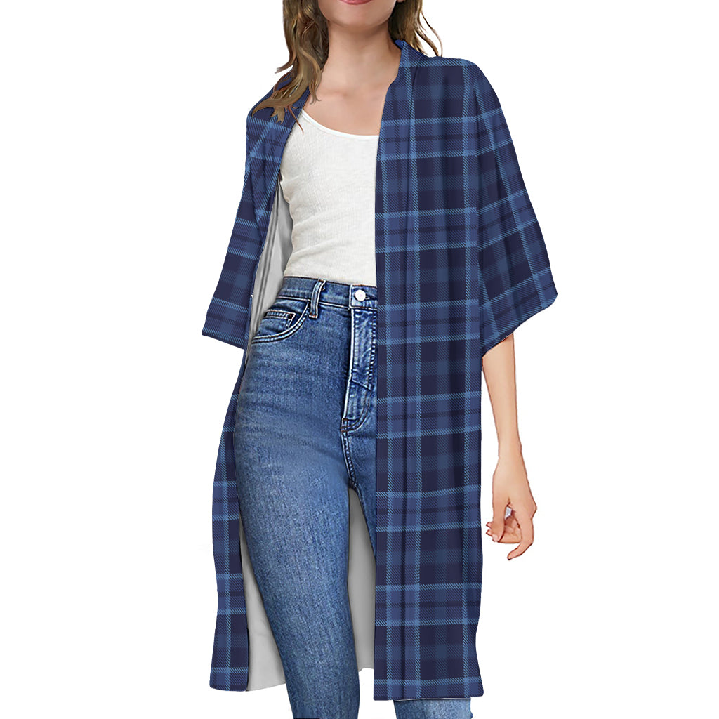 Blue Tartan Pattern Print Open Front Beach Cover Up