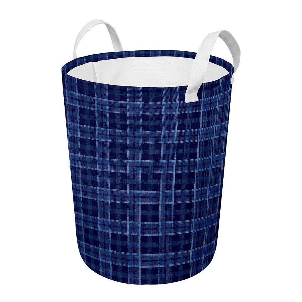 Blue Tartan Pattern Print Round Laundry Basket