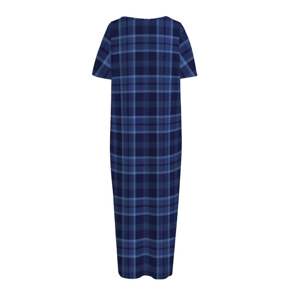 Blue Tartan Pattern Print Short Sleeve Long Nightdress