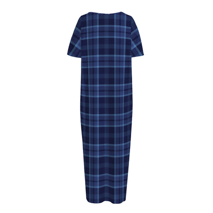 Blue Tartan Pattern Print Short Sleeve Long Nightdress