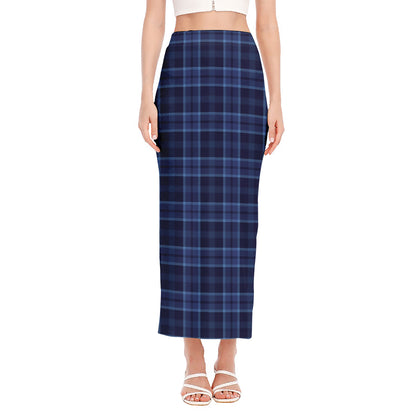 Blue Tartan Pattern Print Side Slit Maxi Skirt