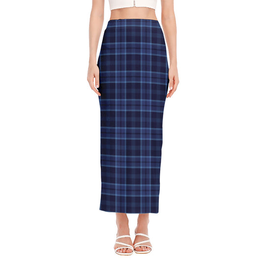 Blue Tartan Pattern Print Side Slit Maxi Skirt