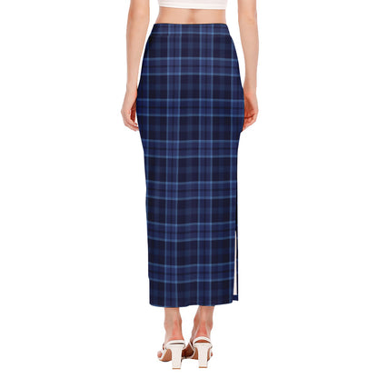 Blue Tartan Pattern Print Side Slit Maxi Skirt