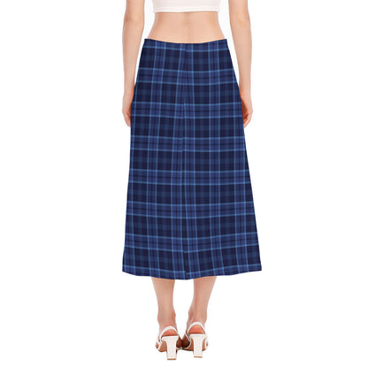 Blue Tartan Pattern Print Side Slit Midi Skirt