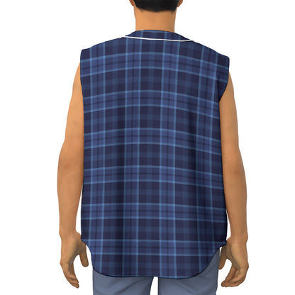 Blue Tartan Pattern Print Sleeveless Baseball Jersey