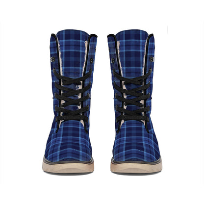 Blue Tartan Pattern Print Winter Boots