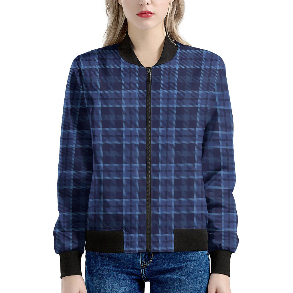 Blue Tartan Pattern Print Women's Bomber Jacket
